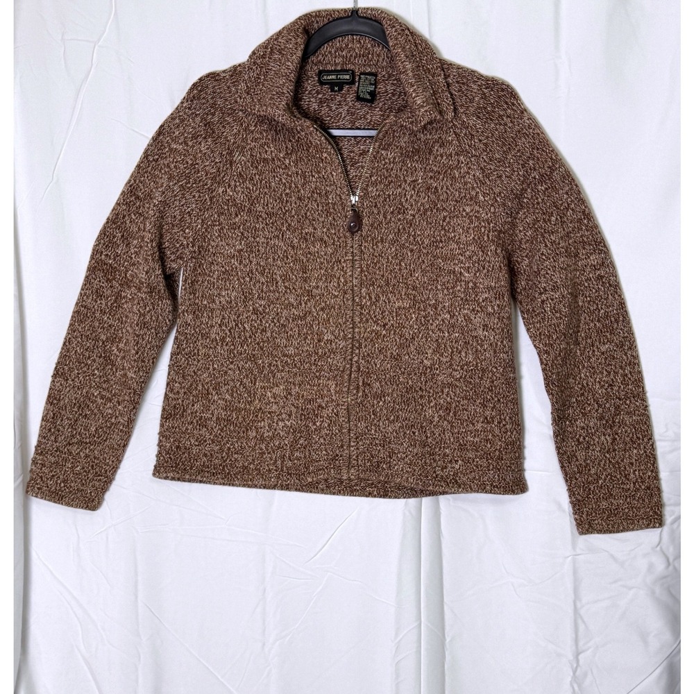 Jeanne Pierre Women Sweater Zip Up Knit Brown Tan Beige Size Medium